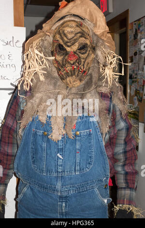 Des profils portant un Scary Halloween Costume d'agriculteurs avec des bavoirs barbe et cheveux d'herbe. Cumberland Wisconsin WI USA Banque D'Images