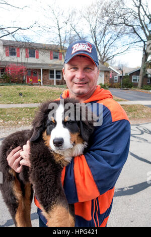 Propriétaire de chien porte son animal chiot pendant qu'il se remet d'une blessure de la hanche. Downers Grove Illinois IL USA Banque D'Images
