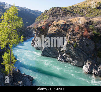 Cromwell, Otago, Nouvelle-Zélande. Les eaux turquoise de la rivière Kawarau se précipiter à travers le Kawarau Gorge en aval des chutes Roaring Meg. Banque D'Images