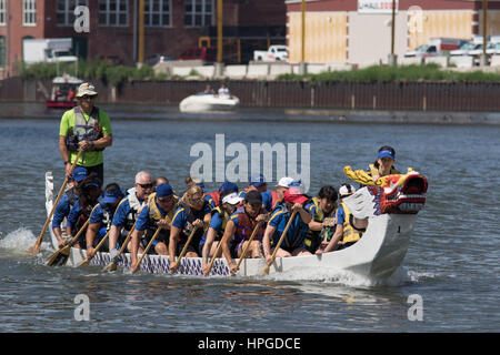 Racers Dragonboat à Ping Tom Memorial Park à Chicago. Banque D'Images