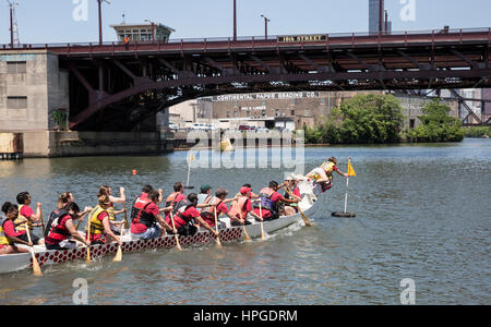 À propos de l'équipe de Dragonboat pour gagner leur course à Ping Tom Memorial Park, rivière de Chicago, Chicago. Banque D'Images