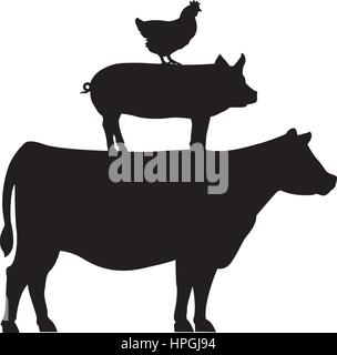 Poulet, porc et vache empilés. Illustration de Vecteur