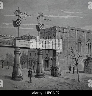 Valls-Vilanova fer-Barcelone. Inauguration de la première section Vilanova-Barcelona en 1882. L'Arc de Triomphe érigé à Vilanova. Gravure de la J Banque D'Images