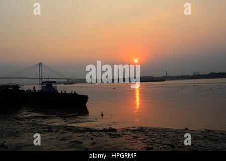 Deuxième pont Hoogley alias Vidyasagar Setu Coucher de Kolkata Banque D'Images