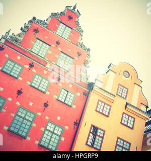 Maisons sur la place Stortorget à Stockholm. Style rétro droit filtré Banque D'Images