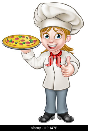 Cartoon female woman holding a caractère chef cuisinier pizza et donnant un Thumbs up Banque D'Images