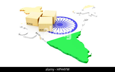 Moteur de rendu 3d image. Carte de l'Inde avec des boîtes en carton. Le transport mondial et à la ligne shopping concept. Isolé sur fond blanc Banque D'Images