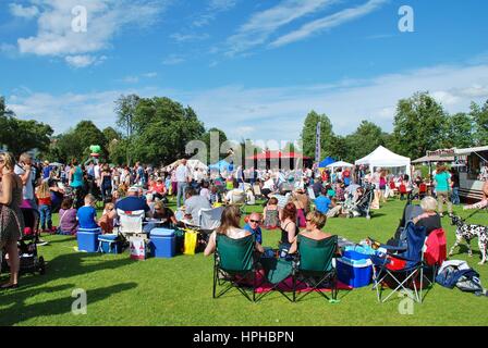 Les amateurs de musique s'asseoir sur l'herbe lors de l'Assemblée Tentertainment music festival à Tenterden dans le Kent, en Angleterre, le 30 juin 2012. Banque D'Images