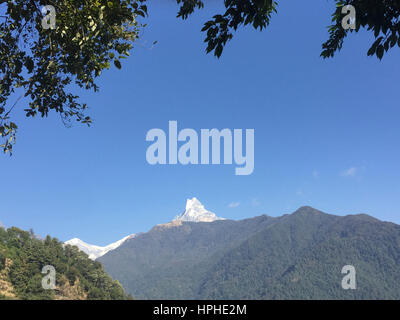 Et la montagne Fishtail Machhapuchhare Annapurna Himalaya Népal vue d'ensemble pendant le trekking à Ghandruk village de Kaski, le Népal. Banque D'Images