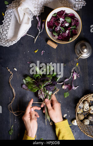 Personne de la préparation à base de plantes en bonne santé avec du basilic, salade de radicchio et oeufs de cailles. Table en bois rustique, vue de dessus. Banque D'Images
