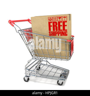Rouge panier avec boîte en carton et la livraison gratuite sign 3D render illustration isolé sur fond blanc Banque D'Images