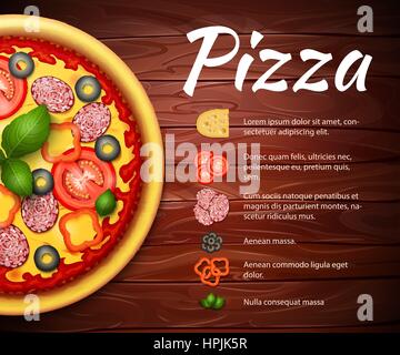 Recette Pizza fond vecteur réaliste avec des ingrédients. Pizza aux tomates et de pepperoni sur table en bois Illustration de Vecteur