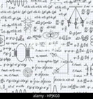 Vecteur physique modèle transparent avec des formules, des équations et des chiffres, à la main sur une feuille quadrillée de l'ordinateur portable Illustration de Vecteur