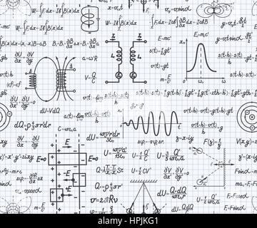 Vecteur physique modèle transparent avec des formules, des équations et des chiffres, à la main sur une feuille quadrillée de l'ordinateur portable Illustration de Vecteur