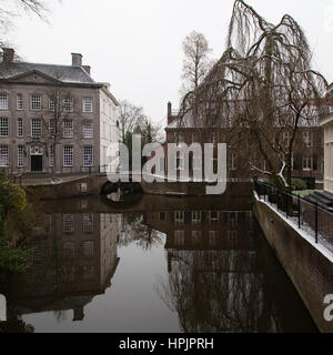 L'Monikendam à Amersfoort, aux Pays-Bas. Un saule pleureur arches au-dessus de l'eau. Banque D'Images