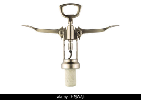 Tire-bouchon à vin moderne en métal avec liège isolé sur fond blanc Banque D'Images