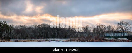 Albro Lake panoramique d'hiver recouvert de neige avec de l'herbe flétrie à Dartmouth Banque D'Images