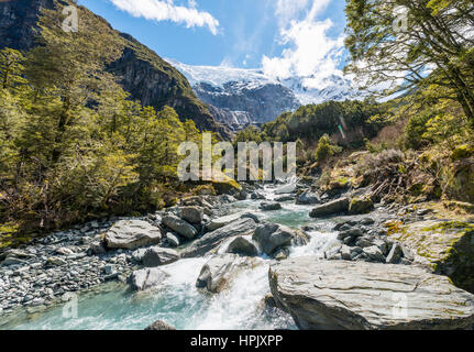 La rivière qui coule à travers les montagnes, Rob Roy Glacier, Mount Aspiring National Park, Otago, Nouvelle-Zélande, Southland Banque D'Images