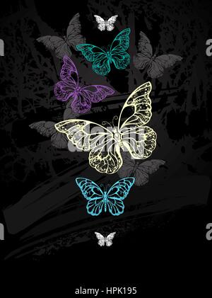 Troupeau de papillons colorés morpho dessiné avec de la craie sur tableau noir. Conception avec les papillons. Dessin à la craie. Papillon morpho. Illustration de Vecteur