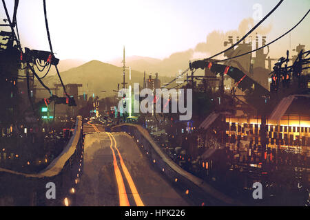 Paysages de science-fiction de l'autoroute sur la rue ville futuriste avec des structures et des bâtiments au coucher du soleil,illustration peinture