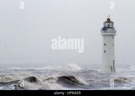 Doris tempête, New Brighton, Cheshire, Royaume-Uni. Feb 23, 2017. Météo britannique. Doris tempête détruit la Péninsule de Wirral comme elle a fait la terre ce matin. Les vents jusqu'à 80mph a causé la fermeture du port de Liverpool, l'annulation de tous les ferries et certaines grandes routes ont été fermées. Une marée haute de plus de 26' de la battue New Brighton Phare sur la Péninsule de Wirral comme Doris laisse une traînée de destruction le long de la côte nord-ouest. Credit : Cernan Elias/Alamy Live News Banque D'Images