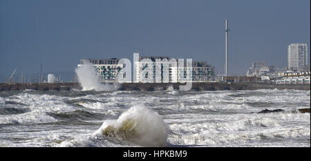 Brighton, Sussex, UK. Feb 23, 2017. Les visiteurs de la Brighton j360 obtenir une bonne vue d'observation de la tempête Doris battues la côte sud aujourd'hui . Dans certaines régions d'Angleterre des vitesses de vent jusqu'à 70mph prévisions ont été Crédit : Simon Dack/Alamy Live News Banque D'Images