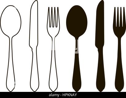 Réglage de la table, de la vaisselle. Ensemble de couverts, fourchette, cuillère et couteau. Silhouette vector illustration Illustration de Vecteur