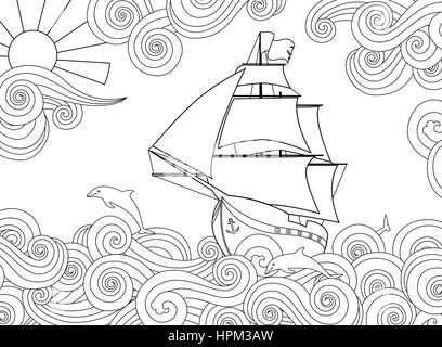 L'image du contour de navire sur la vague en zentangle inspirés doodle style. Composition horizontale. Illustration de Vecteur