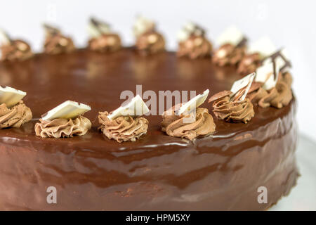 Délicieux délicieux gâteau au chocolat avec du chocolat et noix décorations isolé sur fond blanc Banque D'Images