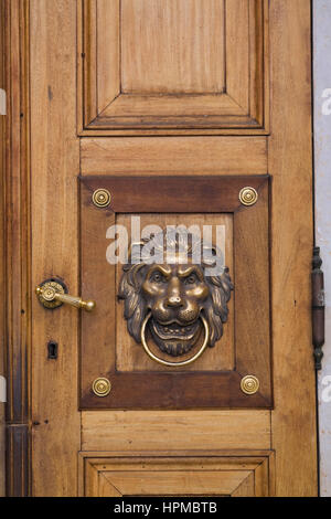 Tête de lion en laiton sur la porte en bois au Palais Royal de Lazienki Varsovie, Pologne, Europe de l'Est Banque D'Images