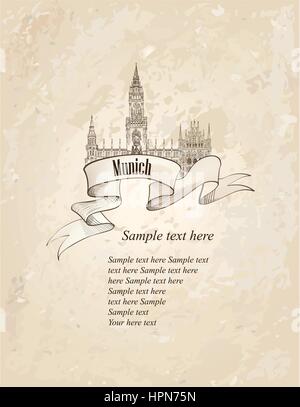 L'allemand monument symbole. billet munich vieux croquis à main arrière-plan. Illustration de Vecteur