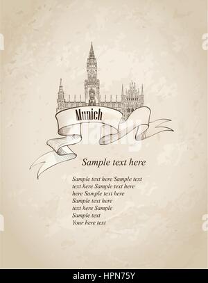 L'allemand monument symbole. billet munich vieux croquis à main arrière-plan. Illustration de Vecteur