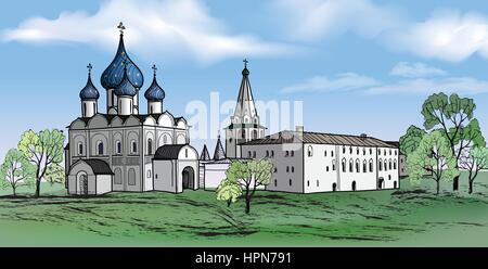 Vieille ville russe Paysage avec église. hand drawn vector illustration croquis de suzdal kremlin. vue de la ville de Souzdal. Illustration de Vecteur