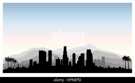 Los Angeles, États-Unis d'horizon. silhouette ville avec des bâtiments gratte-ciel, les montagnes et les palmiers. ville avec des monuments américains célèbres. arkien urbain Illustration de Vecteur
