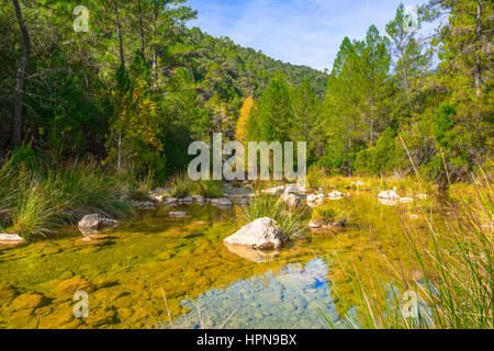 Randonnée à pied le long de la rivière Borosa dans le Parc Naturel Sierra de Cazorla, Andalousie, Espagne Banque D'Images