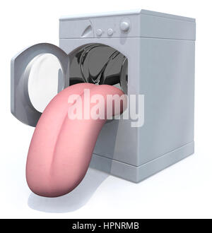 Lave-linge avec porte ouverte et grande langue sortant, 3d illustration Banque D'Images