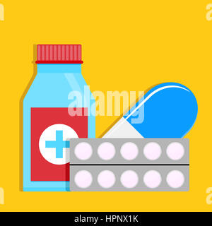 Médicaments pour le traitement du rhume. Comprimé médical et boîte de comprimés. Vector illustration Banque D'Images