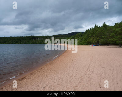 Plage de sable sur la rive du Loch Morlich, une destination touristique populaire dans le Glenmore Forest Park, le Parc National de Cairngorms, en Écosse Banque D'Images