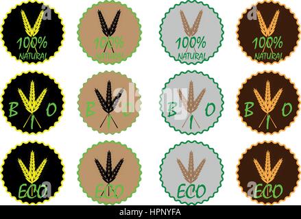 L'étiquette ou l'autocollant de l'oreille de blé, 100 % naturel, bio, eco vector illustration Illustration de Vecteur