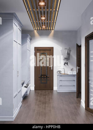 Illustration 3d design intérieur hall dans un style classique. Rendre le couloir est faite en gris et bleu Banque D'Images