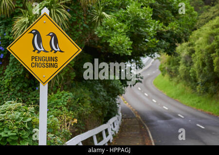 Route de Nouvelle-Zélande avec des pingouins drôle 'Crossing' sign Banque D'Images