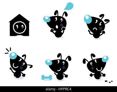 11659820 - style cute vector icons. petit chien noir dans diverses poses - la pensée, à la colère, etc. L'illustration vectorielle. Banque D'Images