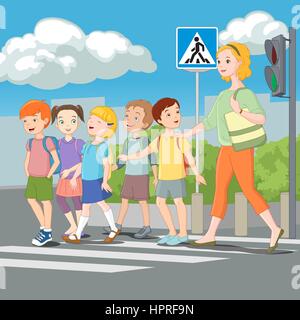 Kids crossing road avec l'enseignant. Vector illustration. Illustration de Vecteur