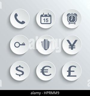 Finances - vector icons set de boutons ronds blancs avec calendrier du téléphone réveil protection clé euro dollar pound yen Illustration de Vecteur