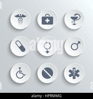 Medical icons set - vecteur de boutons ronds blancs avec trousse de premiers secours caducée comprimés homme femme sexe et symboles handicapés Illustration de Vecteur