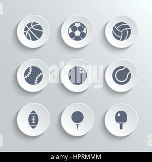 Sport balls icon set - vecteur de boutons ronds blancs avec football soccer tennis base-ball Basket-ball rugby volleyball golf bowling symboles de ping-pong Illustration de Vecteur