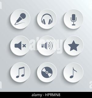 Media icons set - vecteur de boutons ronds blancs avec micro écouteurs classiques rétro volume mute star music note disc Illustration de Vecteur