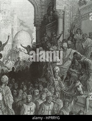 Croisades. Lutte entre le christianisme et les forces musulmanes. Croisés faits prisonniers par les Arabes. Gravure de Gustave Dore (1832-1883). Banque D'Images