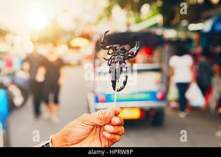 De la main du vendeur Thaï rôti montrant scorpion. Marché de rue dans le centre de Bangkok, Thaïlande. Banque D'Images