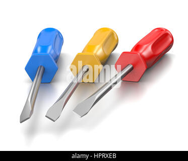 Trois bleu, rouge et jaune sur fond blanc tournevis 3D Illustration Banque D'Images